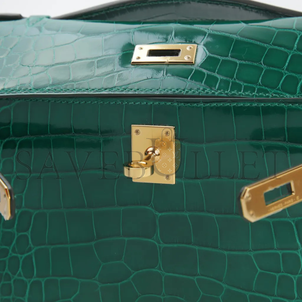 HERMÈS MASTER KELLY POCHETTE VERT EMERAUDE CROCODILE LEATHER GOLD BUCKLE (22*14*7cm)
